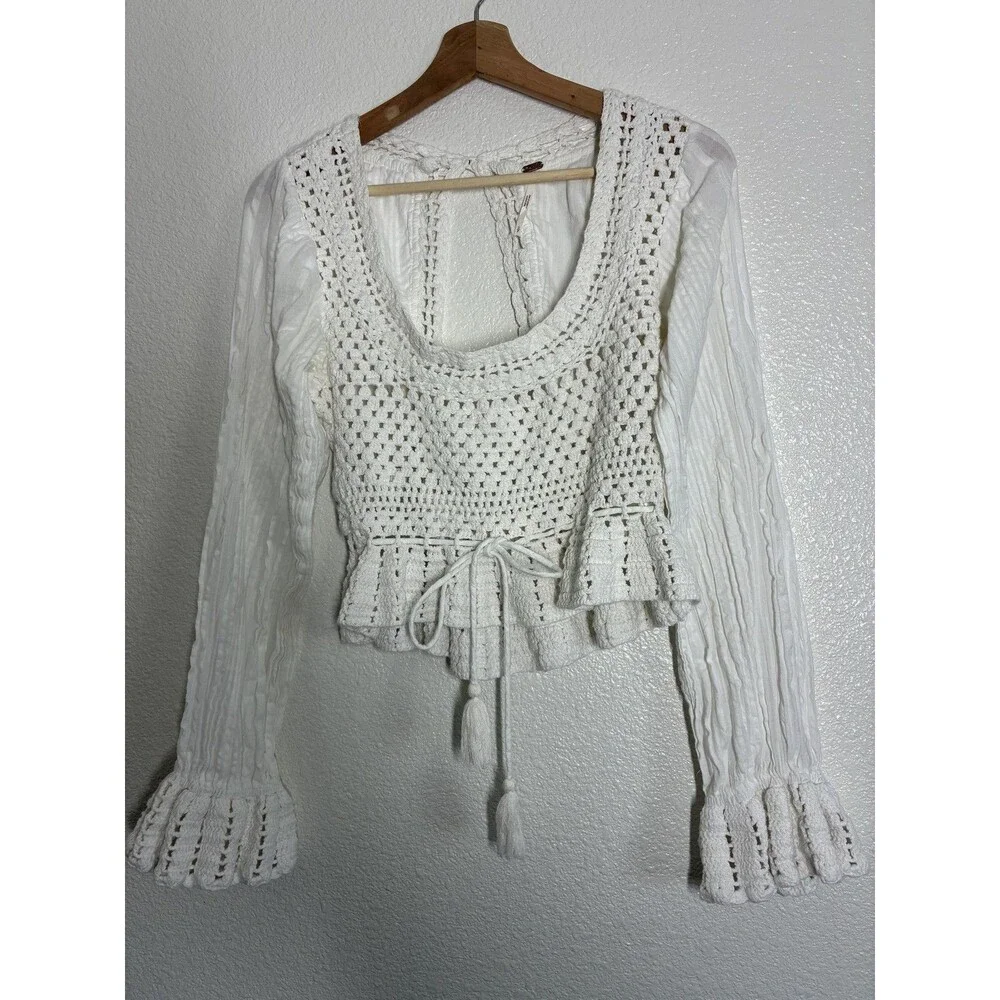 Free People Megan Crochet Top Womens Small White Cropped Bell Sleeve Boho Top